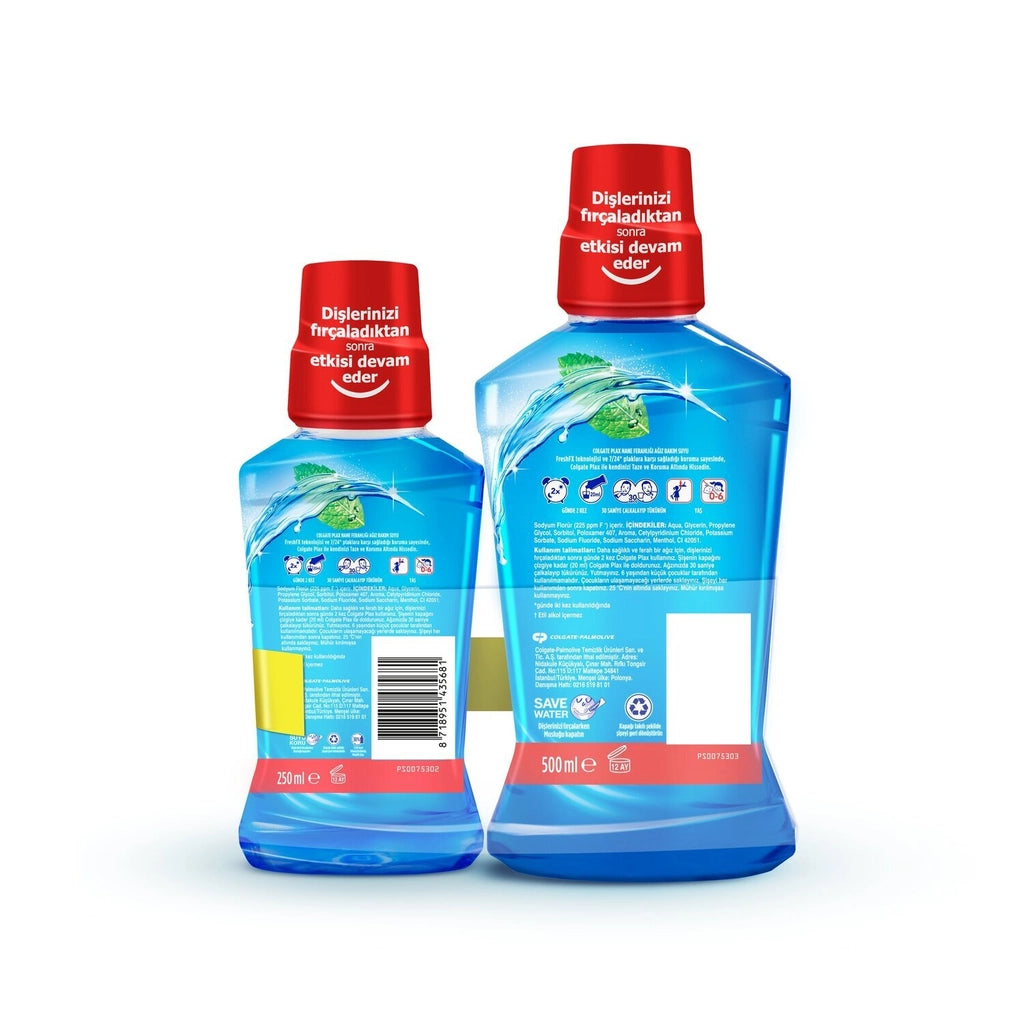 Colgate Plax Blue Mint Fresh Mouth Care Water 500 ml + Plax Green Fresh Mint Mouth Care Water 250 ml