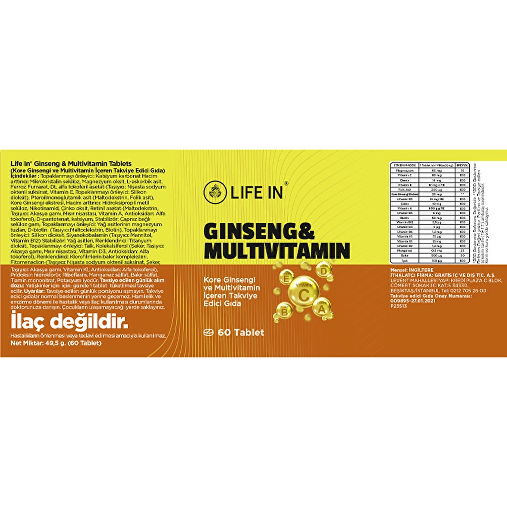 Life In Ginseng &amp; Multivitamin Food Supplement Containing Korean Ginseng 60 Tablets