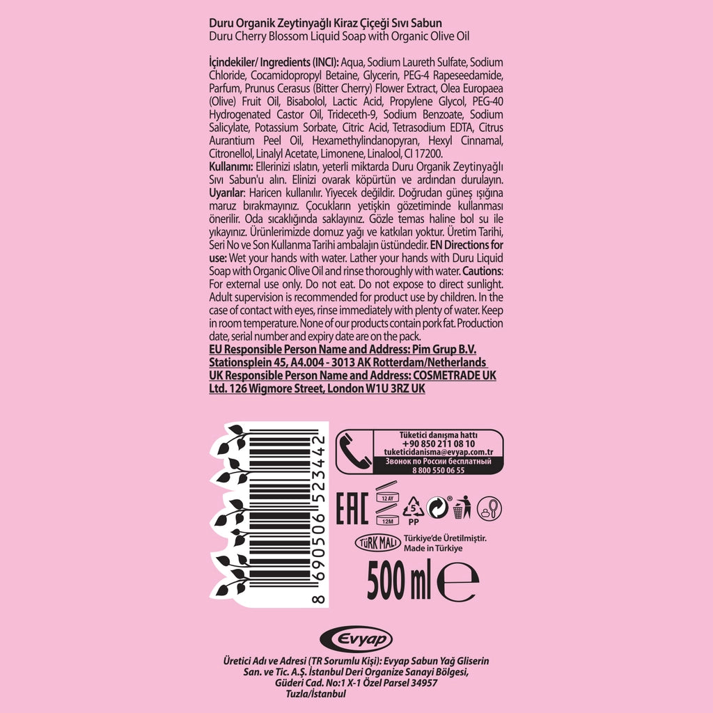 Duru Cherry Blossom Organic Olive Oil Liquid Soap 500 ml