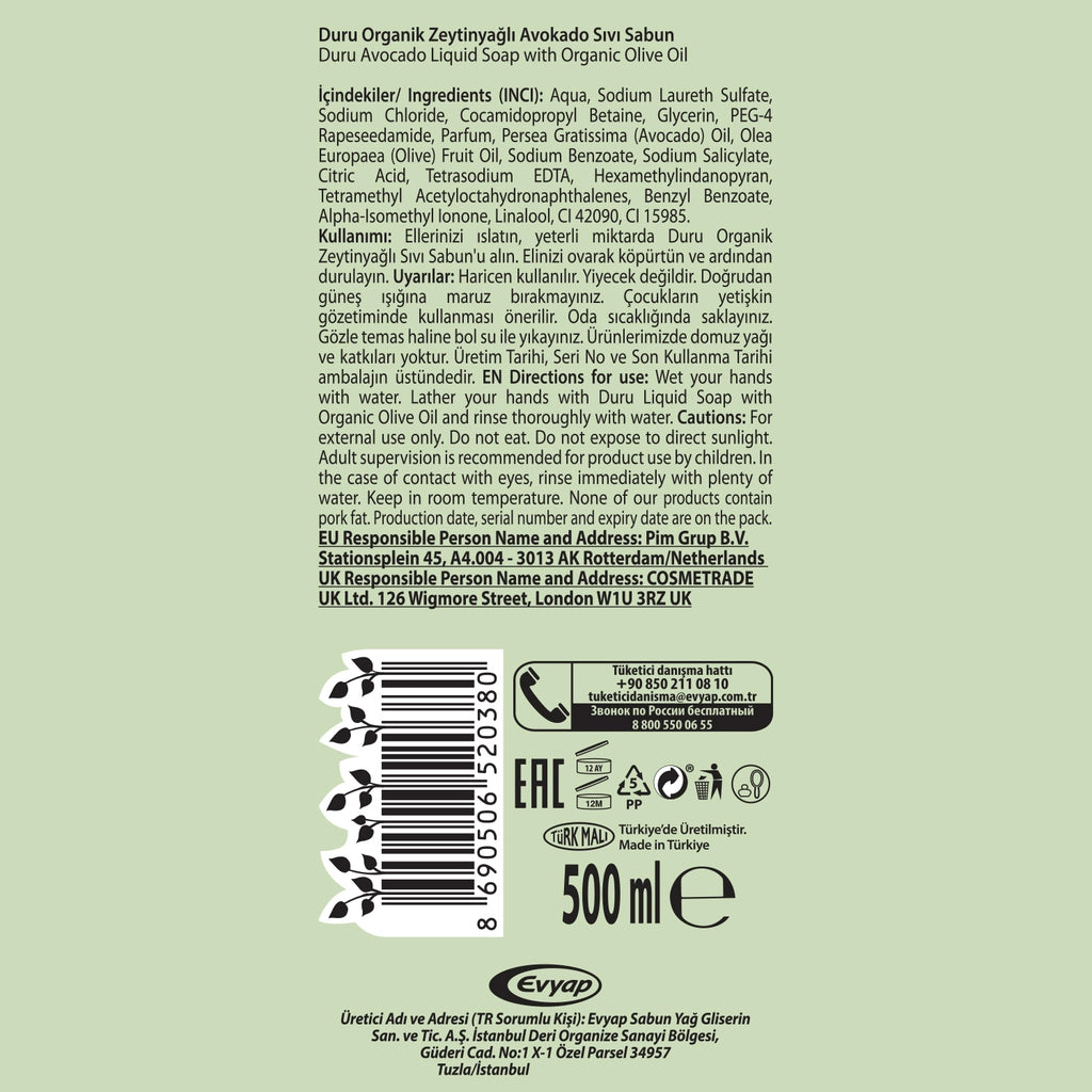 Duru Avocado Organic Olive Oil Liquid Soap 500 ml